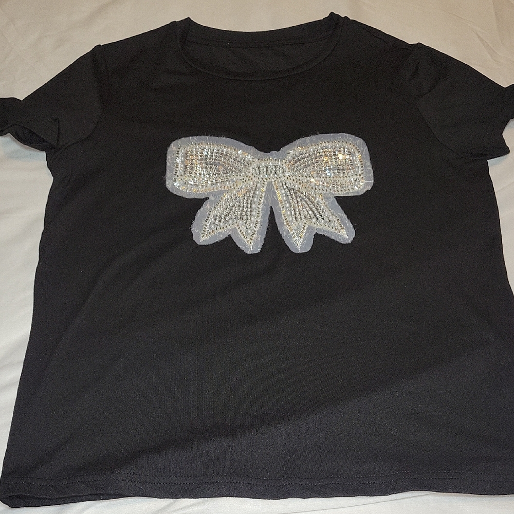 SHEIN Black Tee with Silver Sequin Bow